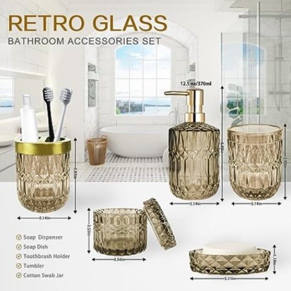 Set of 5 - Retro Amber Glass Bathroom Accessory Set - Classic Bathroom Decor - Picture 2 of 9